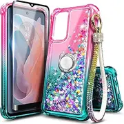 [WDHD] Designed for Samsung Galaxy A35-5G Phone Case with Tempered Glass Screen Protector & Ring Holder Grip & Diamond Wrist Strap Lanyard, Glitter Floating Liquid Cute Cover, Pink/Aqua