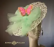 Aimee Fuller Kentucky Derby Pink Butterfly Fascinator Big Hat White Mint Green