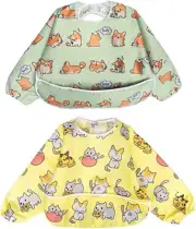 Full Sleeved Baby Bib 2 Pack Waterproof Feeding Apron with Large Pocket for Infa