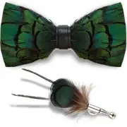 Suhine Feather Bow Ties for Men Handmade Pre Tied Bow Tie and Brooch Sets Green