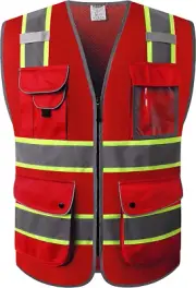 Chaleco De Seguridad Con 9 Bolsillos Cierre Frontal Cremallera MESH Color Rojo