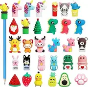 30 Pcs Pencils Toppers for Children, LONTOM Novelty Silicone Animal Pencil Toppers Clip, Dinosaur Rabbit Unicorn Pencil Cap, Children Reward for Kids Office School Supplies Party Favors