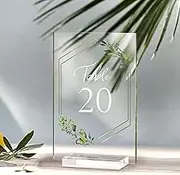 AerWo Acrylic Wedding Table Numbers 1-20 with Stands, 4x6 inches Clear Sign Place Cards with Gold Trim Green Floral Theme, Rustic Table Numbers for Wedding Reception Anniversary Baby Bridal Shower