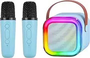 Portable Mini Karaoke Machine with 2 Wireless Microphone Blue Tooth Music Glitter Speaker Funny Gifts for Kids Singing Toys （Blue）