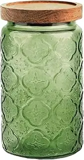 Jueison Glass Jar with Lid, Vintage Glass Storage Jars with Airtight Lid Coffee Canister Sugar Container for Kitchen Counter Pantry, Spice, Candy, Coffee Beans, Tea, Cookie (34 FL OZ Green Begonia)