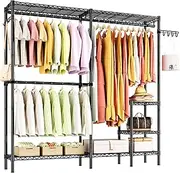 Heavy Duty Clothes Rack Clothing Rack for Hanging Clothes,Large Metal Garment Rack with 4 Tiers Adjustable Wire Shelves&3 Hanger Rods&2 Hooks,Freestanding Closet Wardrobe System,MaxLoad 800lbs