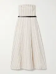 [Max Mara] Max Mara - Fervida Belted Strapless Striped Cotton And Linen-blend Midi Dress - Sand - UK 6 UK 6 Neutrals