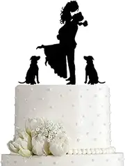 Wedding Cake Topper - Bride Hold Groom with Flowers Besides 2 Pet Dogs Silhouette Cake Decoration (Black)