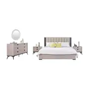 Queen 4 Pcs Bedroom Suite with Dresser Fabric Upholstery MDF Combination of Champagne and Black Colour