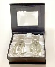 Oleg Cassini 2 CLEAR CRYSTAL PERFUME BOTTLES Boxed Set SILVER Beveled 3" Signed