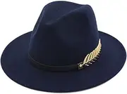 [Wharick] Fedora Cap Decorative Leaf Belt Decor British Style Royal Derby Hat Headwear Navy Blue