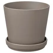KLARBÄR plant pot with saucer, in/outdoor grey-brown, 15 cm