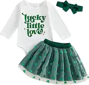 [Adobabirl] Baby Girl St. Patricks Day Outfit Newborn Lucky Romper Clover Layered Tulle Skirts Headband Set Irish Baby Clothes