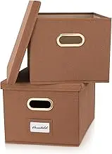 ZICOTO Decorative File Organizer Box Set of 2 - Collapsible Linen Filing Cabinets w/Handles Are Perfect to Store all Your Documents & Hanging File Folders - Portable Easy Slide Crates with Lid