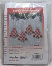 Herrschners Christmas Craft Sequin Ornament Kit CHECKERED PINES RED MakesSetOf4