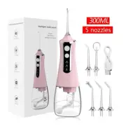 NNEDSZ Pink 300ML Cordless Water Flosser with 5 Nozzles - Rechargeable Portable