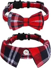 Faleela 2 Pack/Set Cat Collar with Cute Bow Tie and Bell,Breakaway Plaid Shirt Collar for Kitty Adjustable Safety, Red
