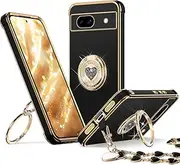 [ELEPIK] 6D-Stand Series for Pixel 9 Pro XL Case with Double Ring Kickstand, [Convenient Wrist Strap] Women Girls Bling Luxury Heart Slim Protective Case for Google Pixel 9 Pro XL, Black