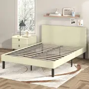 Advwin Bed Frame Double Size Fabric Upholstered Mattress Platform Base With Foam Headboard Beige