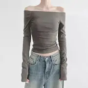 Long Sleeve Off-Shoulder Plain Slim-Fit Top Brown - XL
