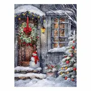 Snowman At Door Cristmas Canvas Print