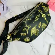 NEW! Moschino Black Nylon w/ Yellow Spaceship Print Oversized Belt Bag