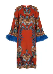Borgo DE Nor Seraphina Printed Feather-trimmed Midi Dress - Red - 10 (UK 10 / S) 10 (UK 10 / S)