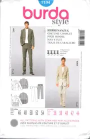 Burda Sewing Pattern 7194 Mens Suit Jacket Pants Sewing Pattern Size 36 to 44