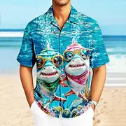 Men's Shark Ocean Sea Creatures Shirt Cuban Collar Shirt Summer Hawaiian Shirt Short Sleeve Hawaiian Vacation Holiday Beach Wear Summer Spring Camp Collar Shir
