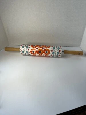 Anthropologie Poppy Roll the Dough Ceramic Rolling Pin Wood Handles 18"