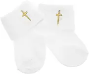 [Healeved] 1 Pair Newborn Baptism Socks Turn Cuff Ankle Socks with Cross Embroidery for Year Old Boy Girl Soft and Cozy Dedication Footwear for All Occasions