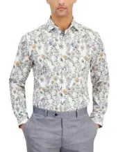 Bar III Slim-Fit Bird Floral Dress Shirt Men's L 16-16.5 White Apricot Multi L/S