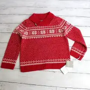 Tahari Boy's Red Fair Isle Pullover Ski Sweater Size 5 6 Red Snowflake Winter