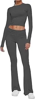 [AnotherChill] Women's 2 Piece Lounge Sets Fold-over Flare Pants Set Long Sleeve Cropped Top Casual Outfits Pajamas