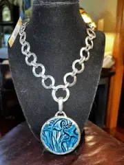 PATRICIA NASH Josette Silver Reversible Leather Pendant Hammered Chain Necklace