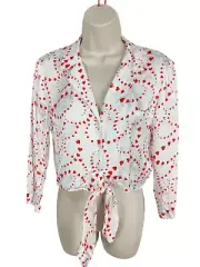 BNWT WOMEN'S TOPSHOP SIZE UK 8 WHITE RED HEARTS TIE FRONT CASUAL CROP BLOUSE TOP