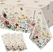 YIDAKO 3 Pcs Spring Floral Tablecloth, Butterfly Wildflower Plastic Disposable Tablecloth Rectangle Table Covers for Easter, Birthday, Wedding, Spring Tea Party Supplies and Decorations,54 x 108 Inch