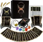 78 Tarot Cards + Guide Book Black Tarot Deck Gift Set with Chakra Stones MAMOWYZ