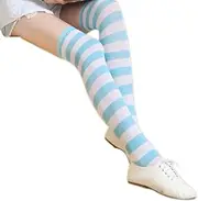 BESTonZON Striped Thigh High Socks Knee, Pair of Womens Yellow and Black Long Socks (Blue & White)