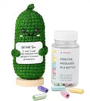 Get Well Soon Gift Set: Positive Message in a Bottle with Funny Knitted Cucumber & Card - Thoughtful Self-Care Gifts for Women & Men After Surgery or Cancer - Feel Better Gifts in Cozy Wool