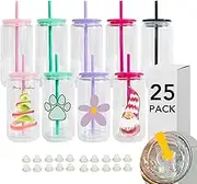 SUBCUB 25 Pack Plastic Snowglobe Tumbler 16oz Pre-Drilled Double Wall Acrylic Clear Cup Snow Globe Can Cups DIY with Colorful Lid and Straw Iced Coffee Juice Juice Cups (25, 16OZ)