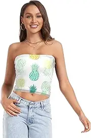 [RPLIFE] Fresh Pineapple Mix White Coastal Summer Tops, Women Strapless Top, Sheer Tube Tops, Trendy Crop Tops (S)