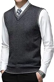 [SWJGLITTR] Men Twisted Knitted Sweater Vest Slim Fit Casual Sleeveless Pullover V Neck Cable Striped Vests Sweater, Dark Grey, Large