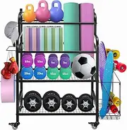 Garage Organization with Wheels for Dumbbell Weight Rack Yoga Mat Ball Storage Kettlebell Shelves Home Gym Sports Gear Garage Equipment Organizer