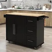 RASOO Kitchen Island Cart on Wheels Drop-Leaf Rubber Wood Top Kitchen Cart with Storage Cabinet and Drawers Kitchen Trolley with Towel Rack & Bottle Rack, Black, 43.7"x16.93"x36.02"(LxWxH)