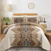 Bohemian Quilt Set King Size,3 Pieces Aztec Texture King 90“×103” Brown