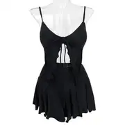Set: Plain Lettuce Edge Crop Tankini Top + Swim Skirt Black - M