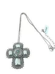 Brighton TELLURIDE West Cross Necklace- silver color- turquoise bead-hammered