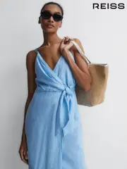 Reiss Blue Esme Linen Side Tie Midi Dress (D43758) | $325
