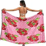 [RPLIFE] Clusters Red Cherries Green Leaves Pink Sarong Coverups Women Swimwear Tassel Honeymoon Sarong, Large, Clusters Red Cherries Green Leaves Pink, Medium